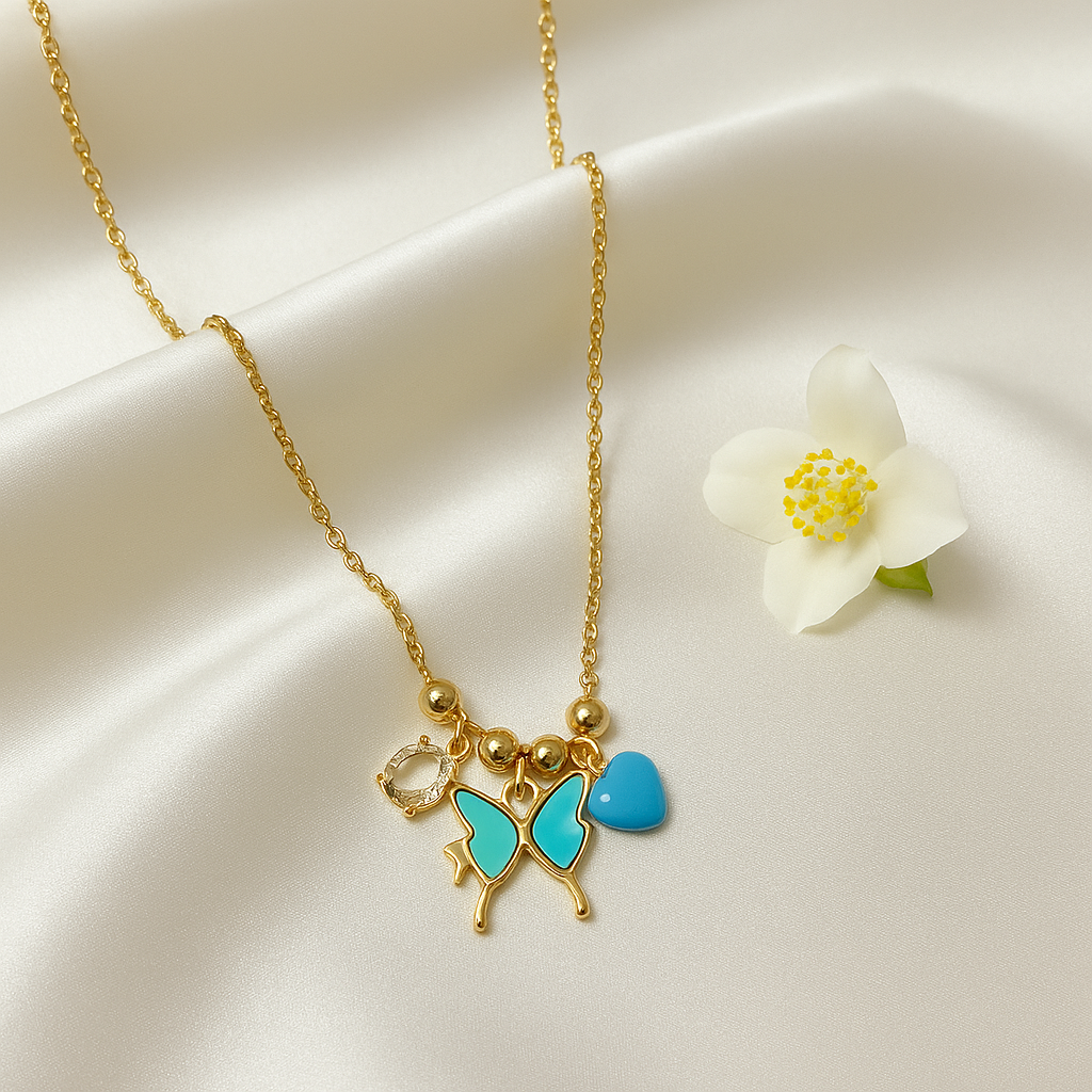 Butterfly Kiss Necklace – With Sky Blue Heart Charm