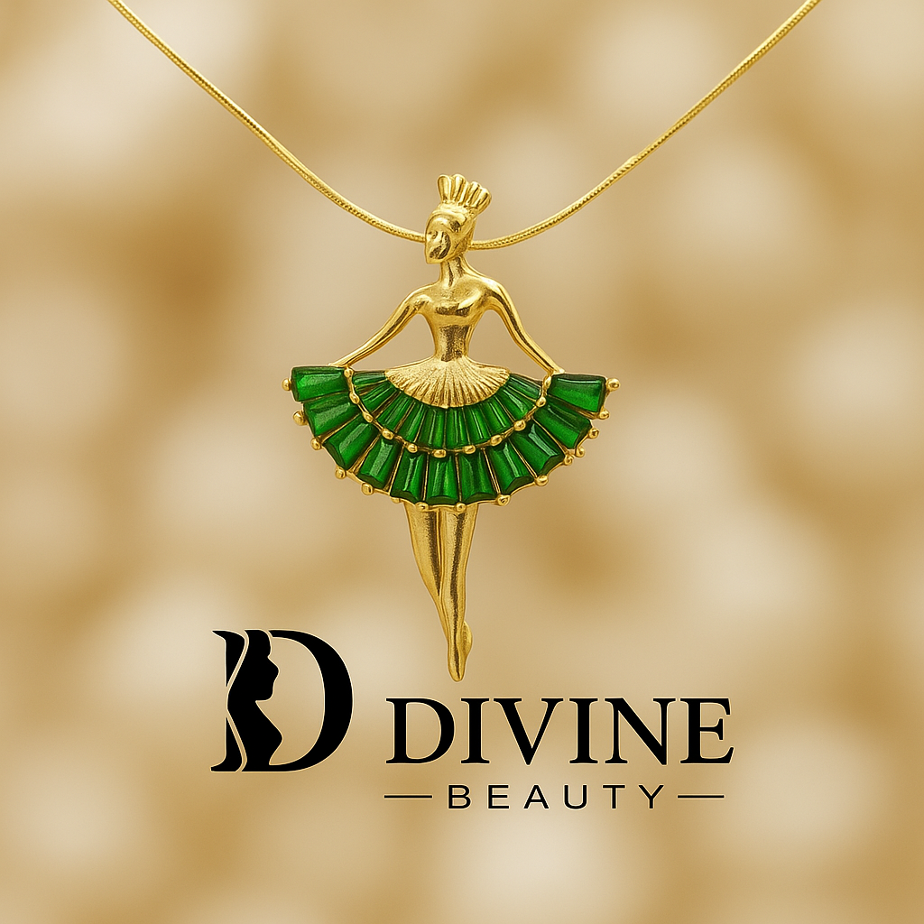 Elegant Ballerina Charm Necklace – Gold Slim Chain (Green Dress Edition)