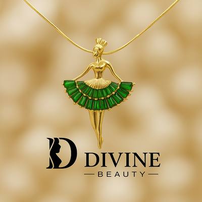 Elegant Ballerina Charm Necklace – Gold Slim Chain (Green Dress Edition)