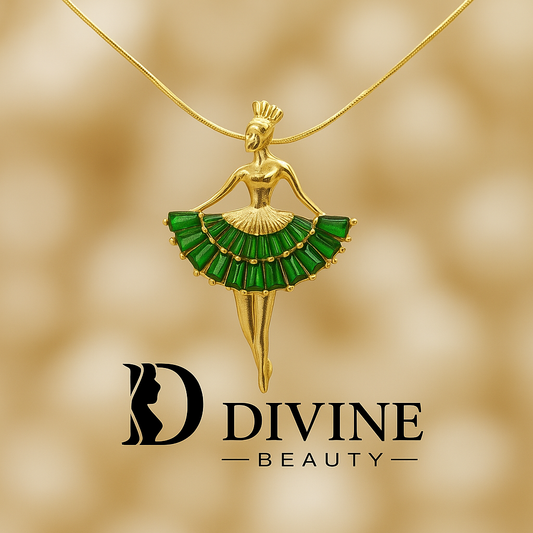 Elegant Ballerina Charm Necklace – Gold Slim Chain (Green Dress Edition)