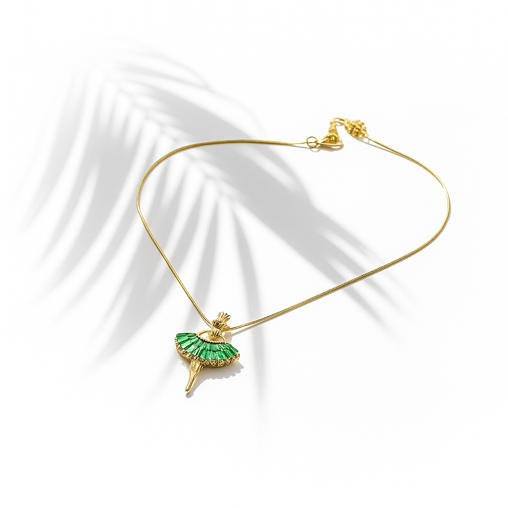 Elegant Ballerina Charm Necklace – Gold Slim Chain (Green Dress Edition)