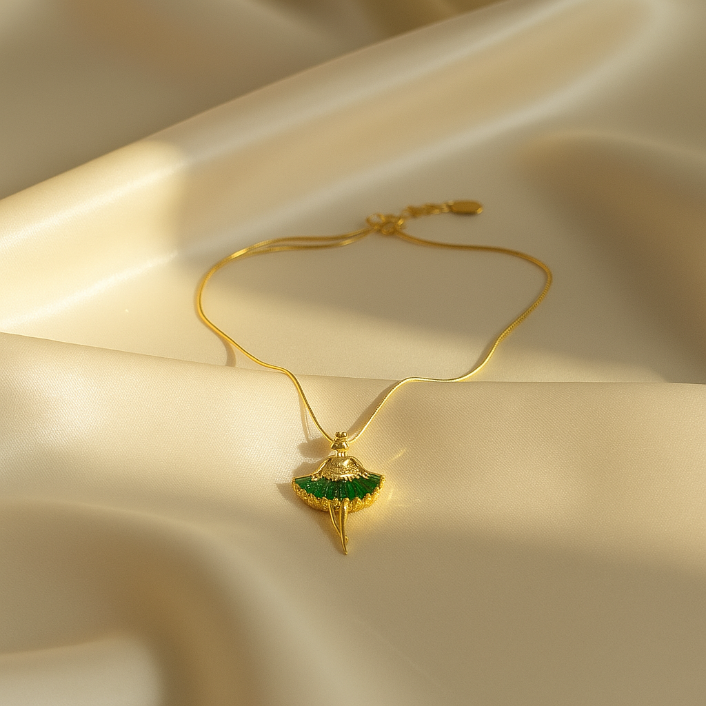 Elegant Ballerina Charm Necklace – Gold Slim Chain (Green Dress Edition)