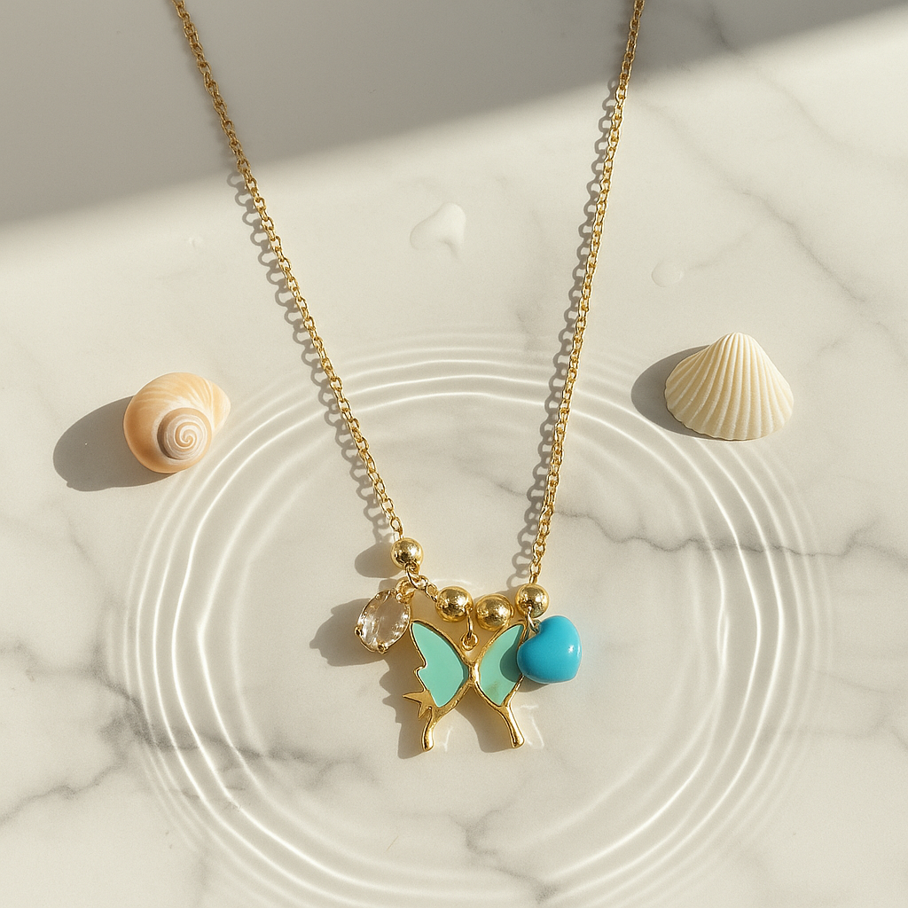 Butterfly Kiss Necklace – With Sky Blue Heart Charm