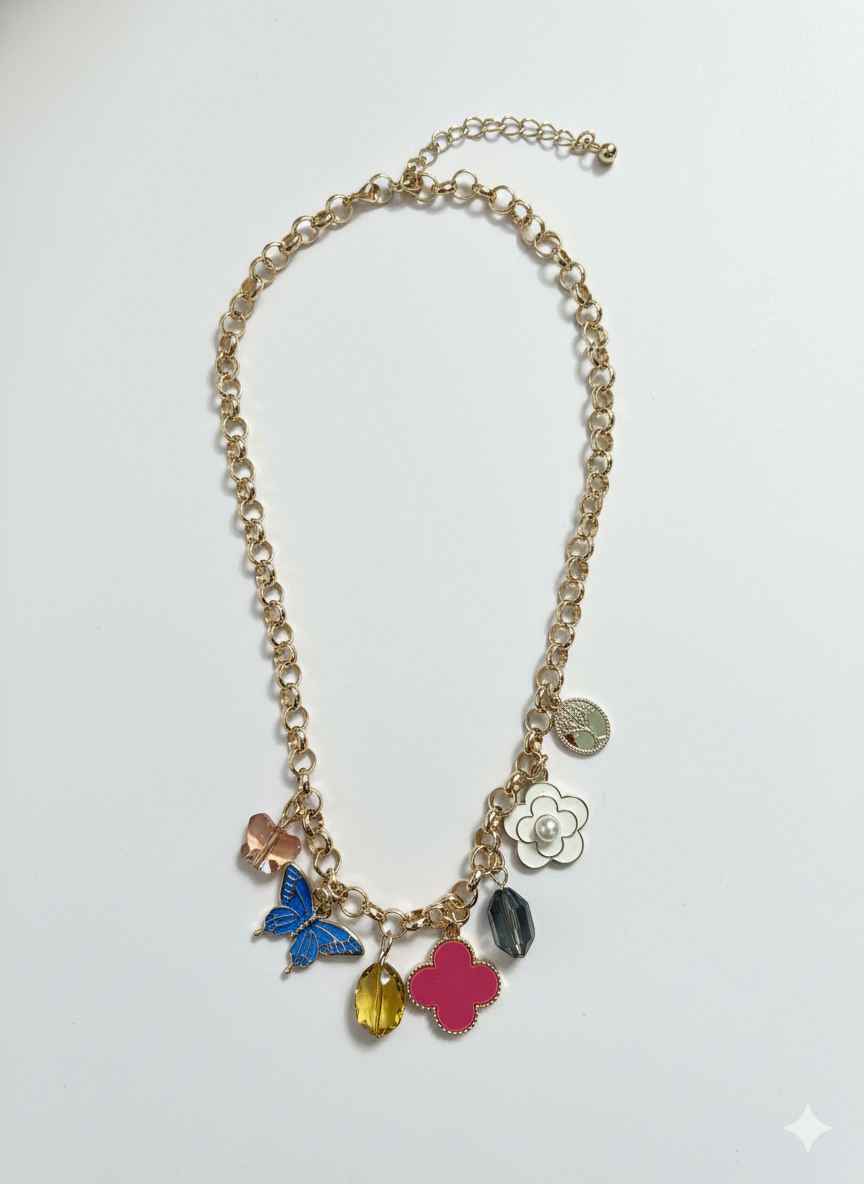 Necklace with colorful charms on a white background