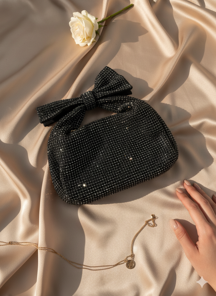 “Divine Beauty – Black Rhinestone Bow Clutch Purse”