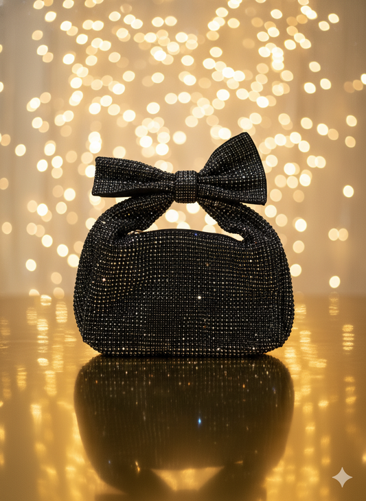 “Divine Beauty – Black Rhinestone Bow Clutch Purse”