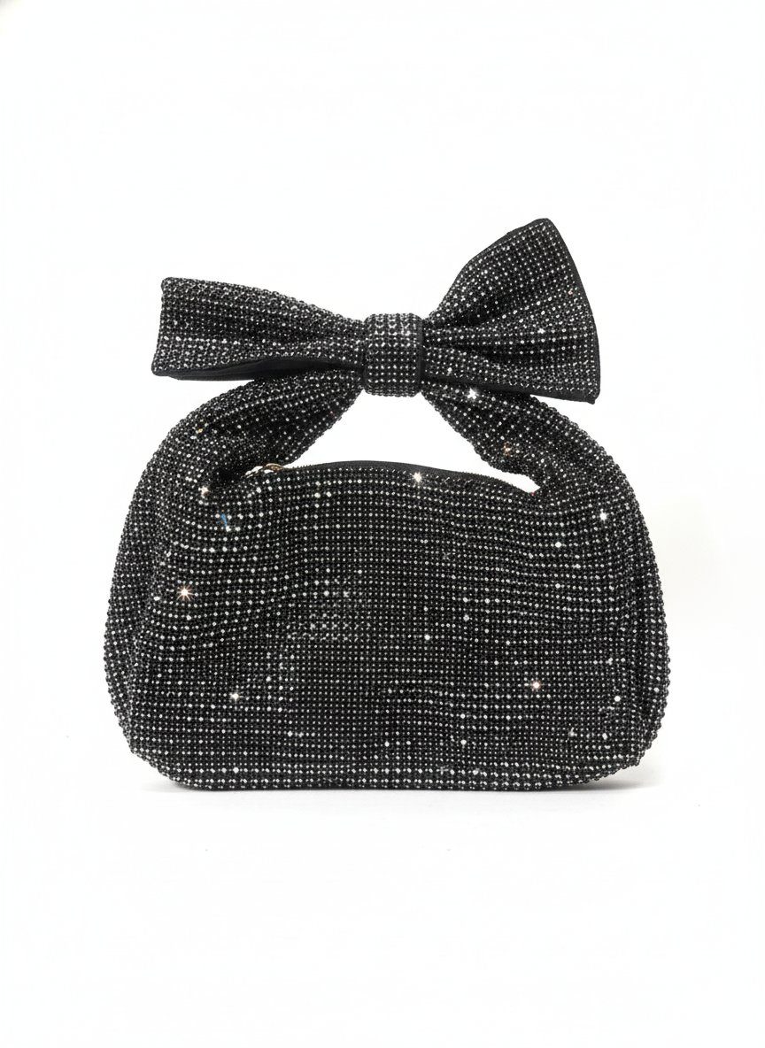 “Divine Beauty – Black Rhinestone Bow Clutch Purse”